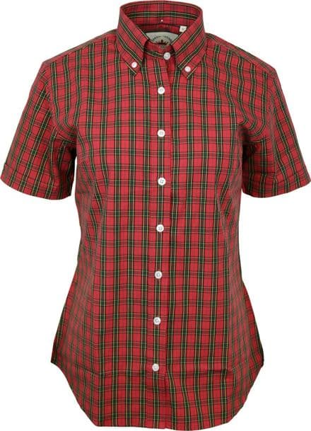Relco Womens Red Tartan Check Short Sleeve Button Down Collar Shirt Skin Mod NEW